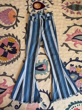 Striped Blue MuMu Flare Jeans - Women's Retro High-Rise